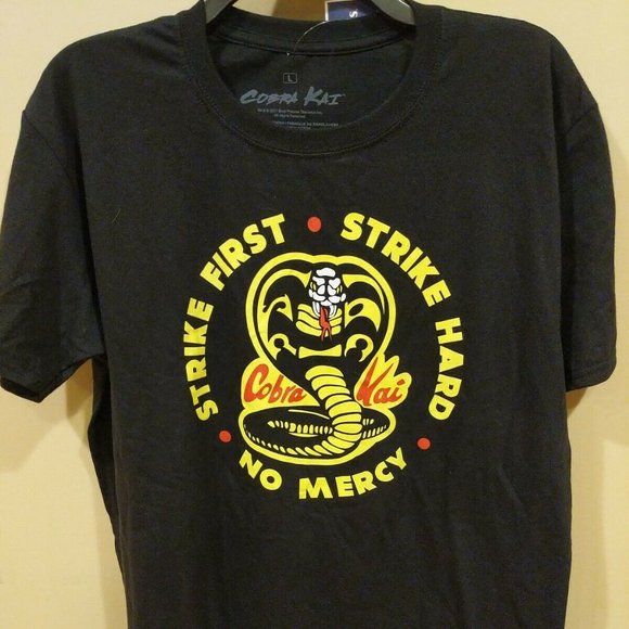 Cobra Kai Strike First Strike Hard No Mercy Black T-shirt - Picture 1 of 4